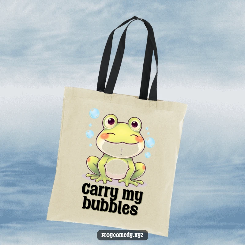 Funny Kawaii frog grinning widely, blowing a cascade of bubbles, making this tote bag a humorous and practical accessory.