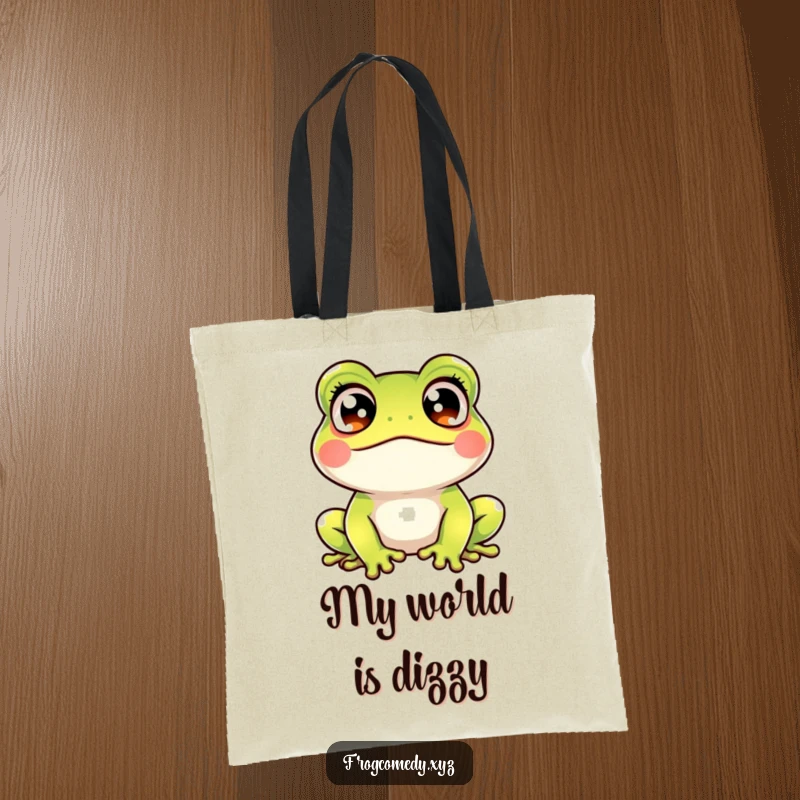 Funny kawaii frog crossed eyes tote bag with a cute amphibian looking startled and amused, great for carrying essentials with a smile.