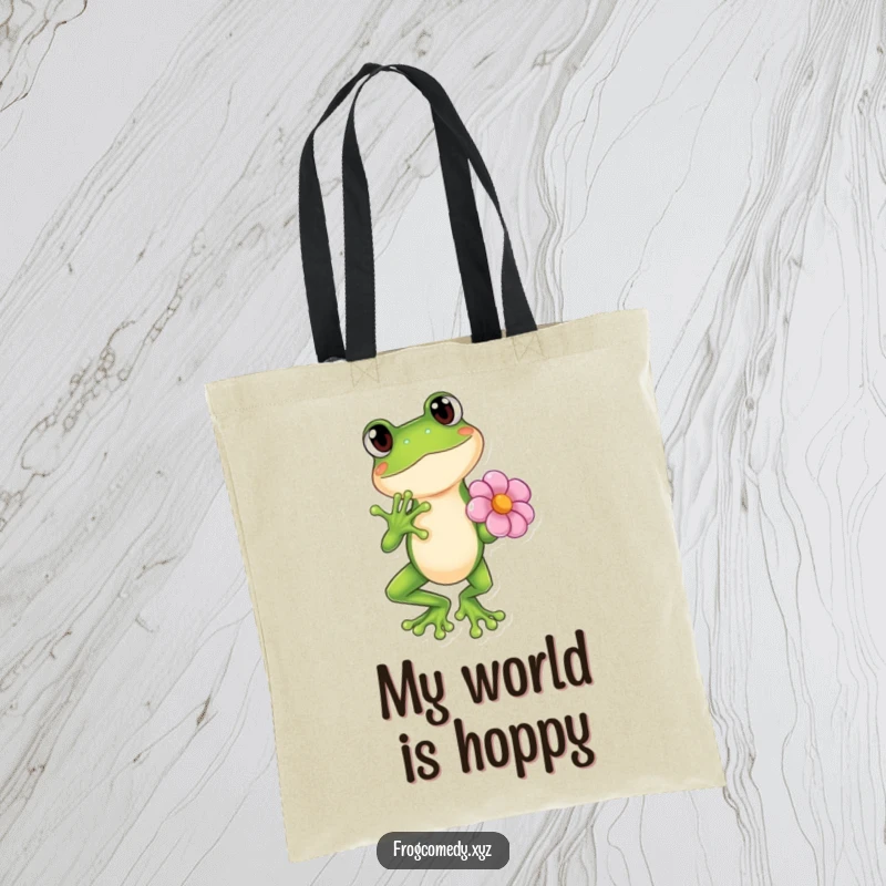 Funny Kawaii frog holding a flower in a dramatic pose, durable tote bag, cute anime art, gift.