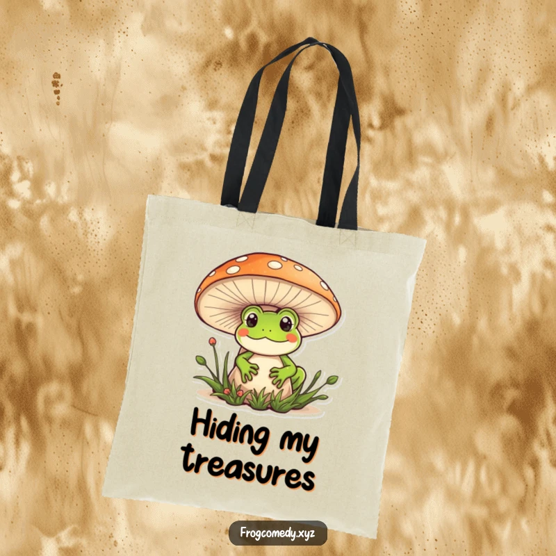 Funny Kawaii frog tote bag showing a cute frog peeking from behind a mushroom, a charming and humorous accessory.