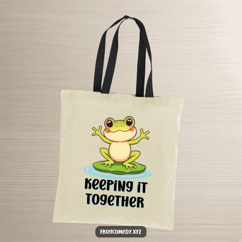 Funny tote bag showcasing a Kawaii stylized frog character comically balancing on a lily pad, perfect for everyday use and spreading gentle amusement.