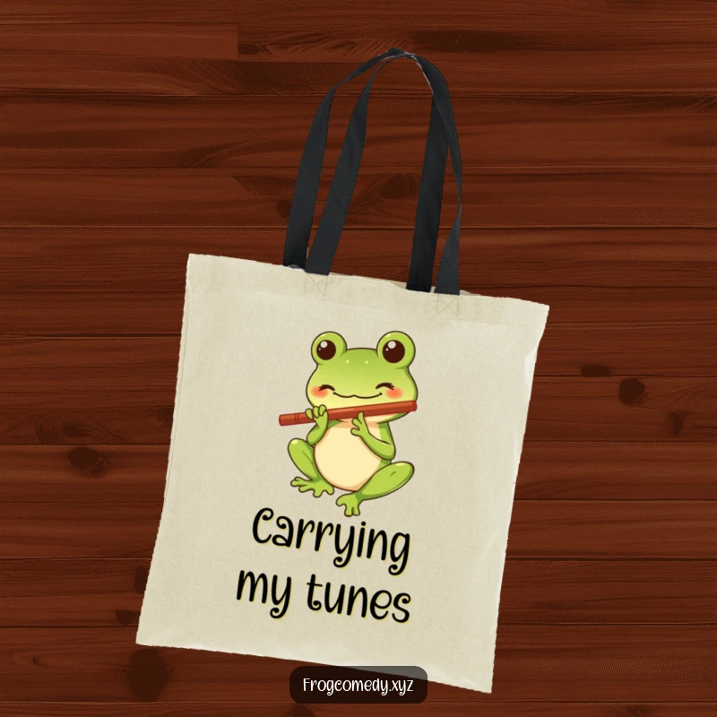 Funny tote bag showcasing a Kawaii stylized frog character with a big smile playing a tiny flute, perfect for everyday use and spreading musical cheer.