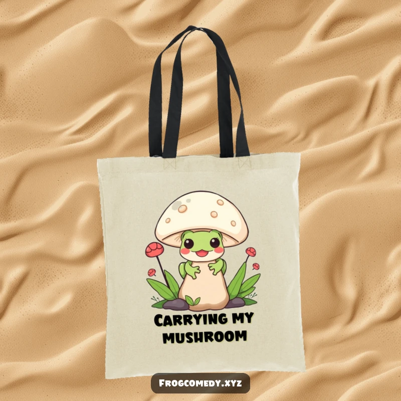Funny Kawaii Frog Tote Bag: A cute Kawaii frog peeking from behind a mushroom, perfect for shopping or everyday use, a delightful funny gift.