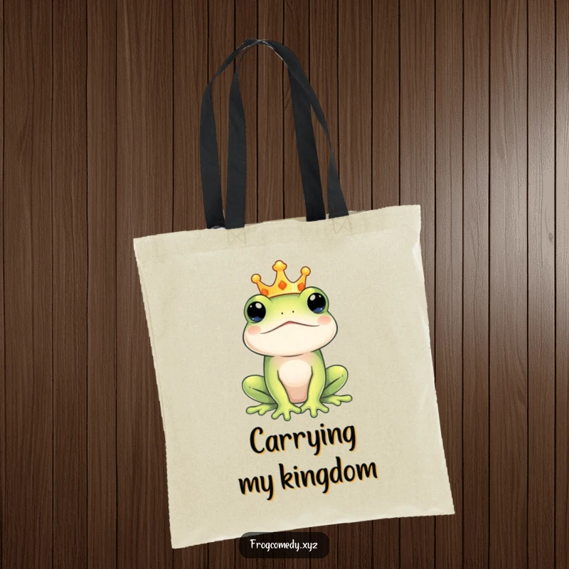 Funny regal frog king tote bag, depicting a crowned amphibian, perfect for carrying essentials with a touch of royal humor and sophistication.