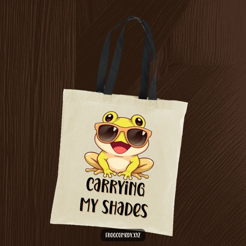 Funny tote bag featuring a giggling frog wearing sunglasses and enjoying the sun, perfect for carrying summer essentials with humor.