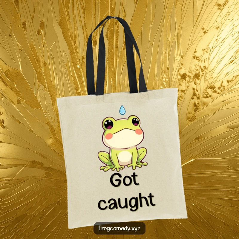 Funny Kawaii frog tote bag, showcasing a cute frog's shocked face due to a falling raindrop, durable and humorous accessory.