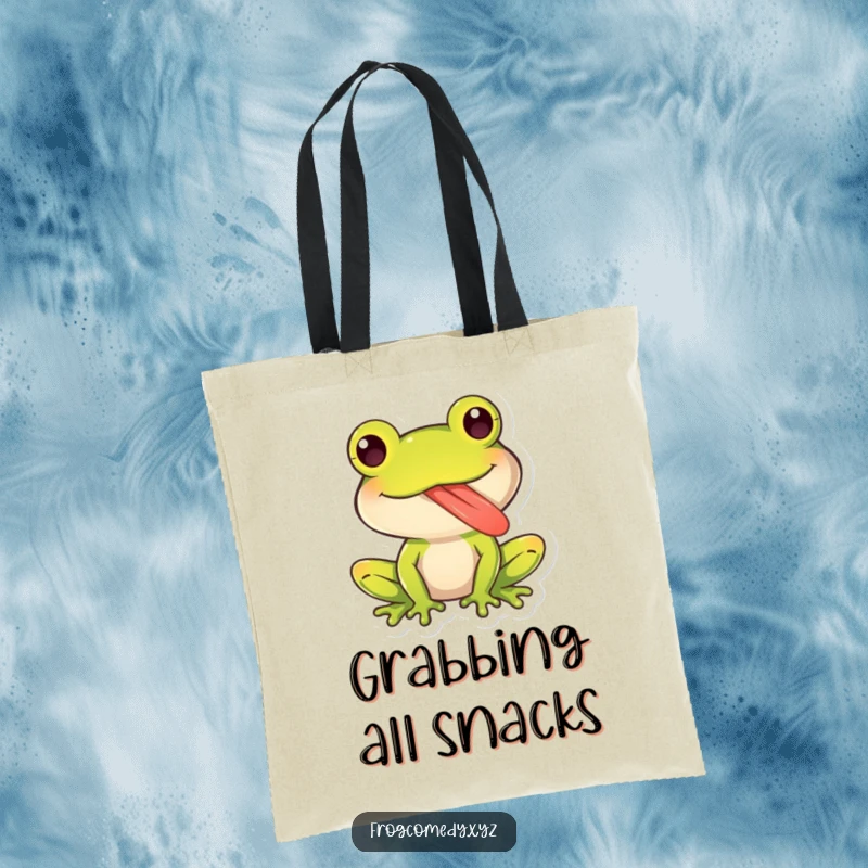 Funny tote bag with a kawaii frog character sticking out its long, sticky tongue playfully, perfect for cheerful and humorous carrying.
