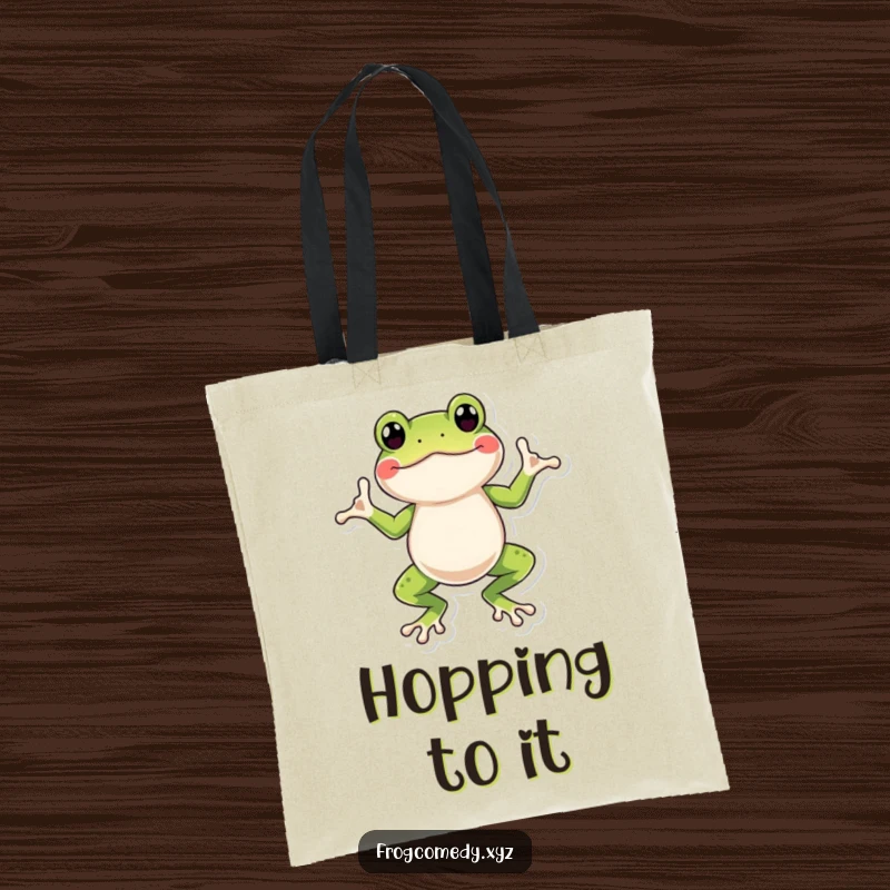 Funny frog tote bag featuring a joyful amphibian energetically doing a silly wiggle dance, ready for errands and laughs.