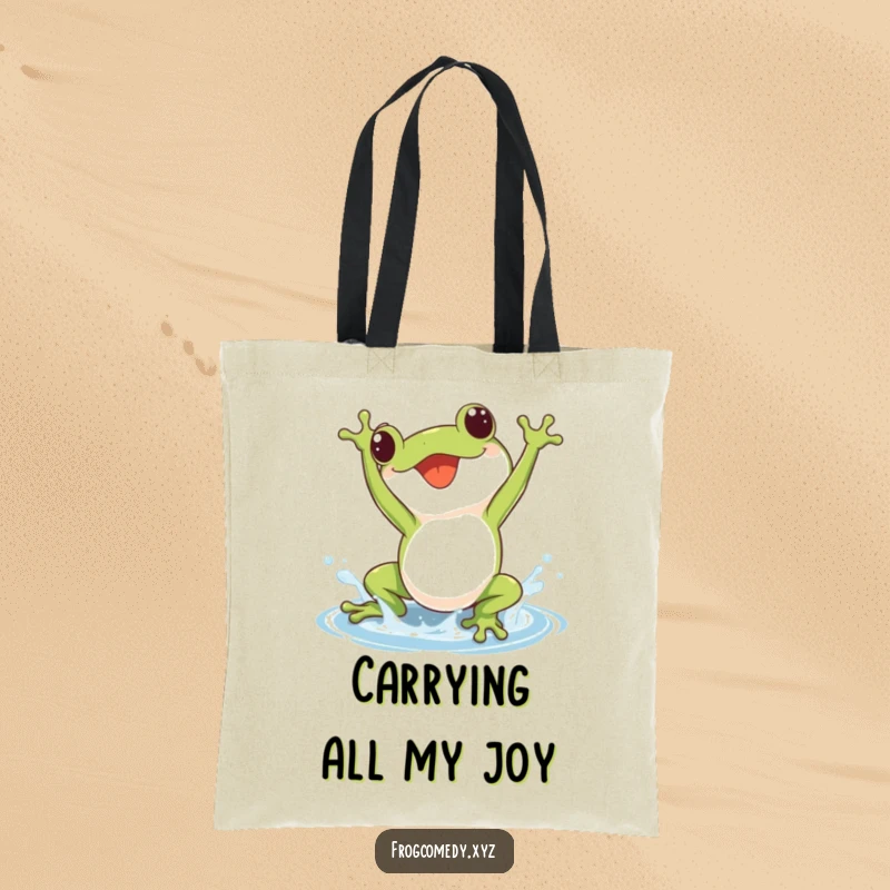 Durable tote bag featuring a kawaii frog doing a joyful somersault, with a little splash of water.
