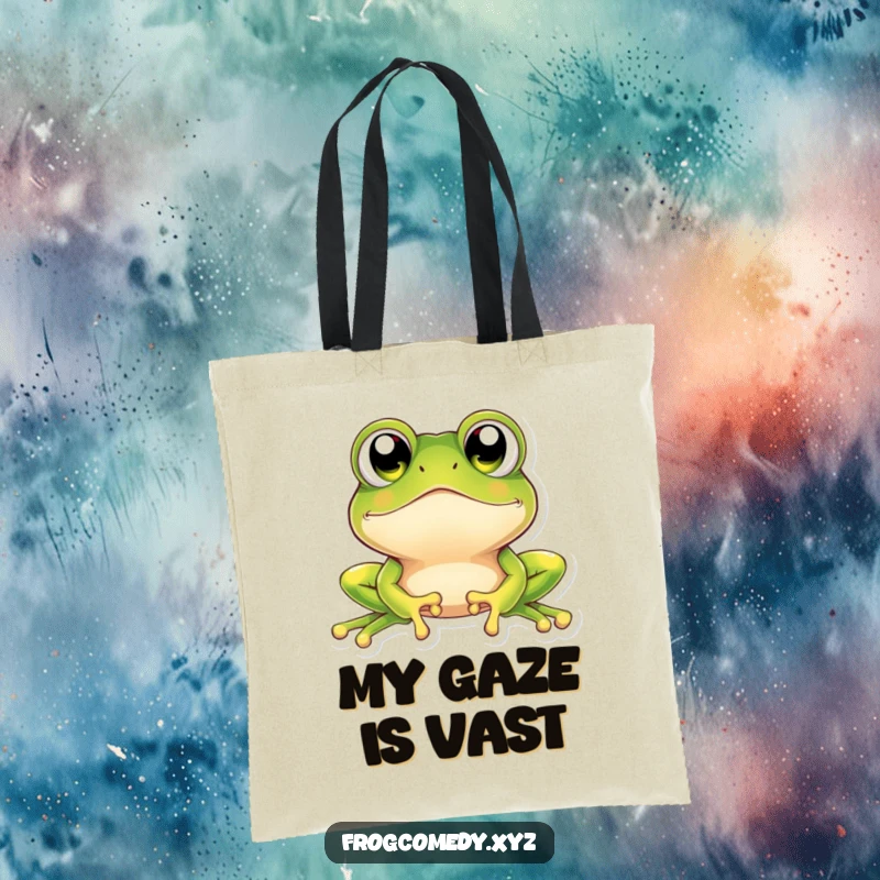 Funny kawaii frog tote bag featuring a delightful frog with huge, gleaming eyes looking upwards in a state of sweet admiration.
