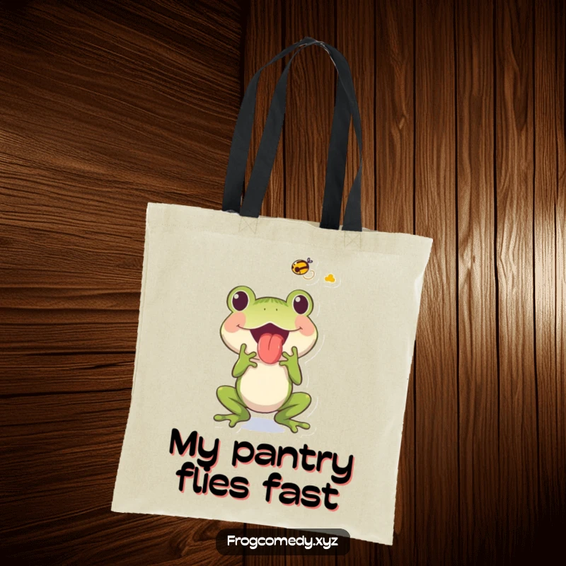Funny frog character with its tongue out, catching a fly, printed on a practical and humorous tote bag.
