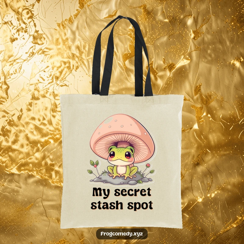 Funny frog peeking from under a large mushroom, durable tote bag, cute woodland animal design, perfect humorous gift.