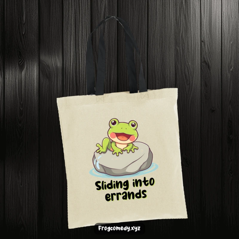 Funny tote bag showing a happy frog gleefully sliding down a smooth, wet rock.