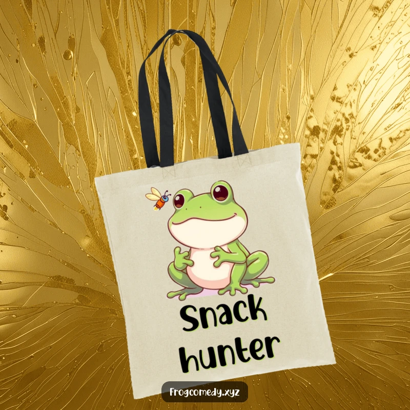 Funny frog tote bag, a grinning frog catching a fly, practical and humorous accessory.