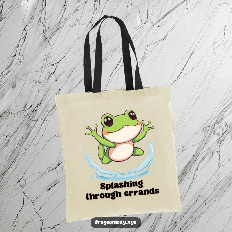 Funny splashy frog dive tote bag, depicting an amphibian making a big water splash, ideal for carrying items with a playful and summery vibe.